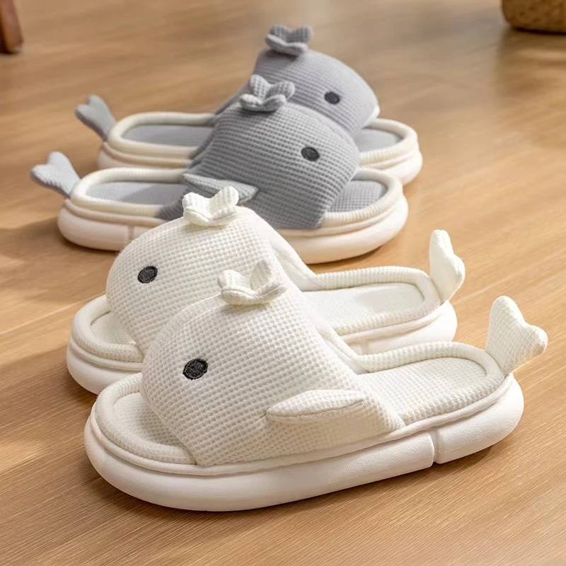 Breathable Sweat-absorbent Home Non-slip Mute Soft-soled Linen Mop Flax Slippers Female Spring and Autumn Cute Cartoon Whale