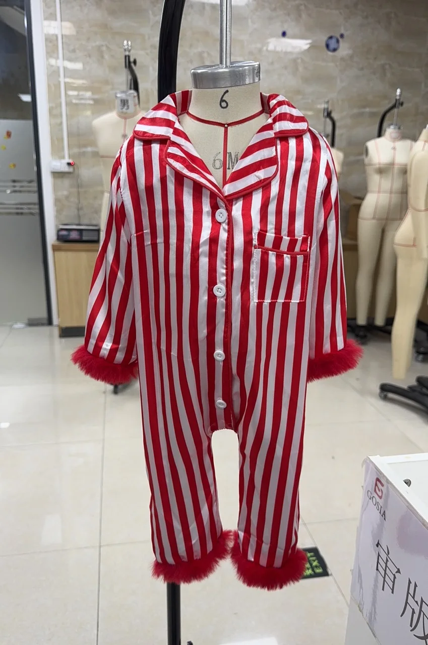 

Baby Girls Pajamas Long Sleeve Furry Patchwork Button Closure Stripes Jumpsuit Sleepwear Loungewear
