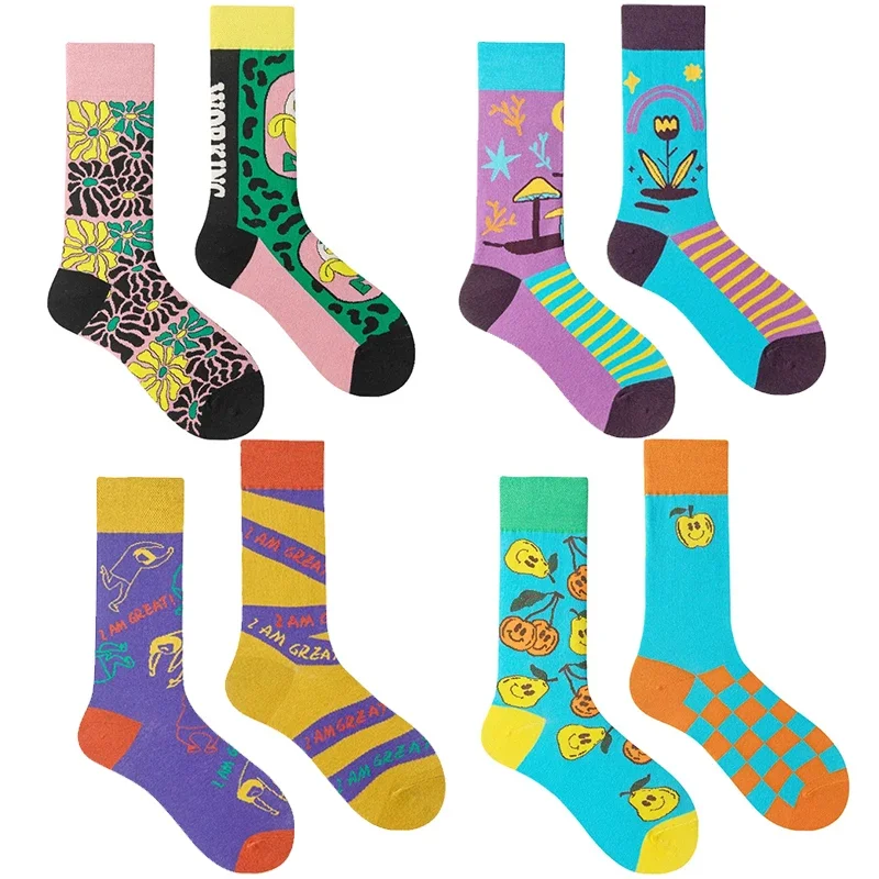 Fashion Asymmetry Cotton Socks Women Men Colorful Printed AB Socks Harajuku Long Funny Socks Unisex Calcetine mujer