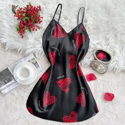 Slip Dress Women Love Summer Nightdress Imitation Silk Sexy Backless Nightdress Girls Pajamas Black Home Wear Heart Pattern