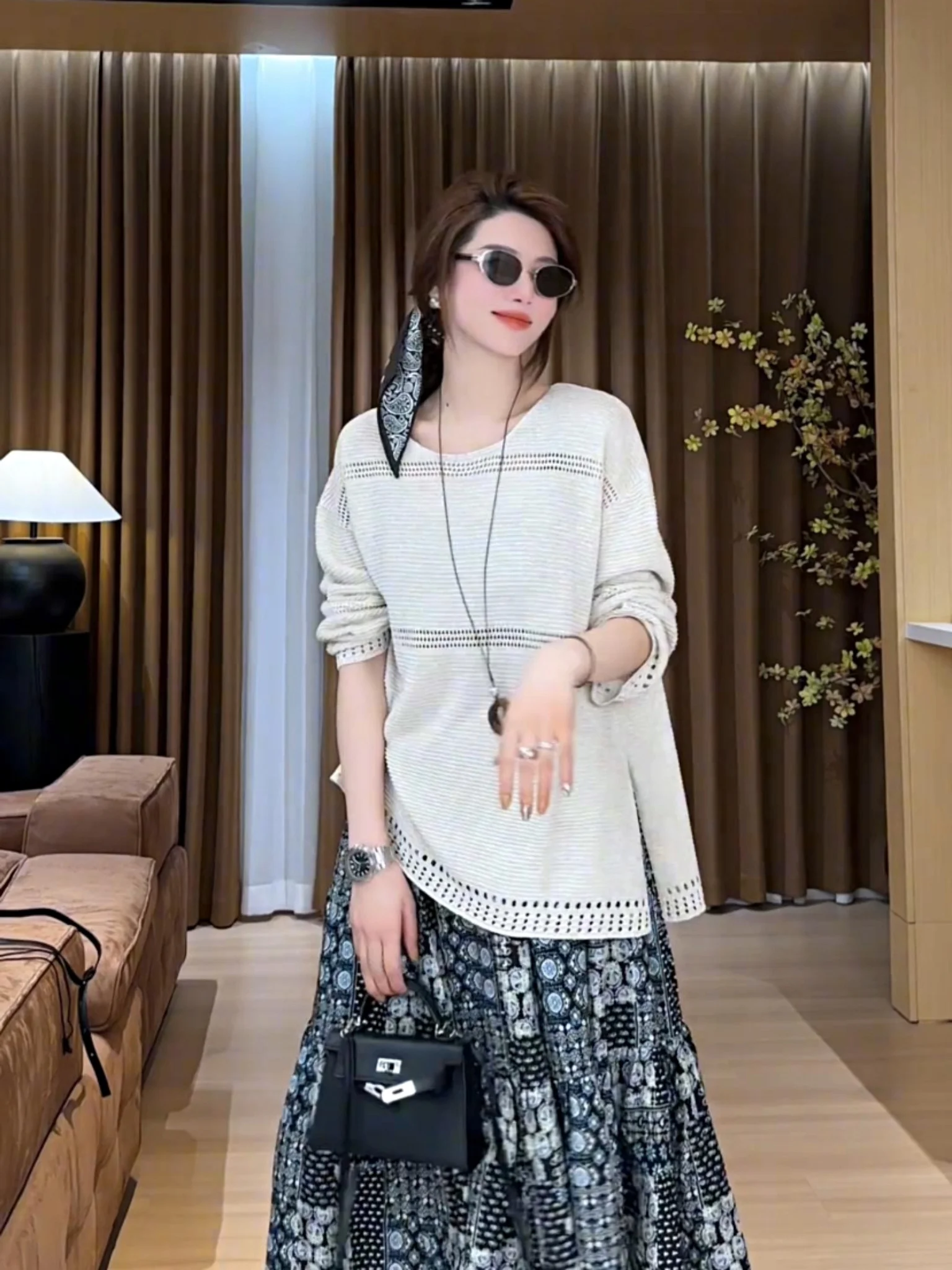 

Женский вязаный льняной топ Moon Doesnt Eat Fi Oats Milk Cr Early Spring с длинными рукавами, свободного кроя, с вырезами, универсальный