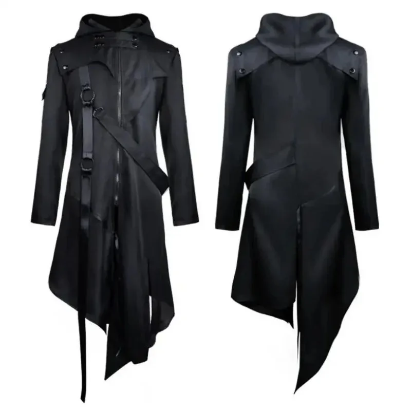 Medieval Men Gothic Irregular Hooded Hip Hop Trench Coat Steampunk Long Black Design Overcoat Assassin Cosplay Costu