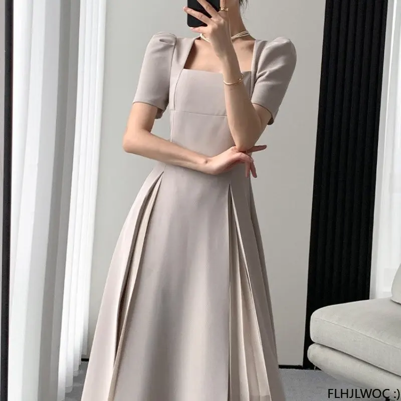 M-4XL Hot New Design Korea Style 2023 Women Elegant Office Lady A Line Fashion French Solid Square Neck Black Long Maxi Dress