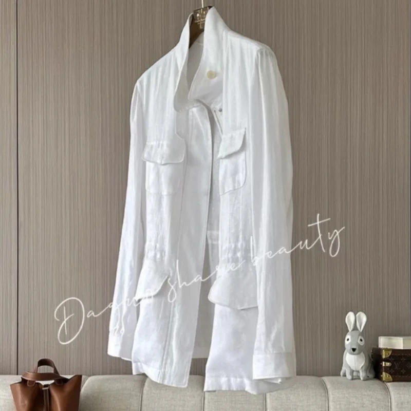 

Spring Autumn White Linen Coat Women Stand Collar Long Sleeve Zipper Jacket Vintage Pocket Waist Cinching Outwear