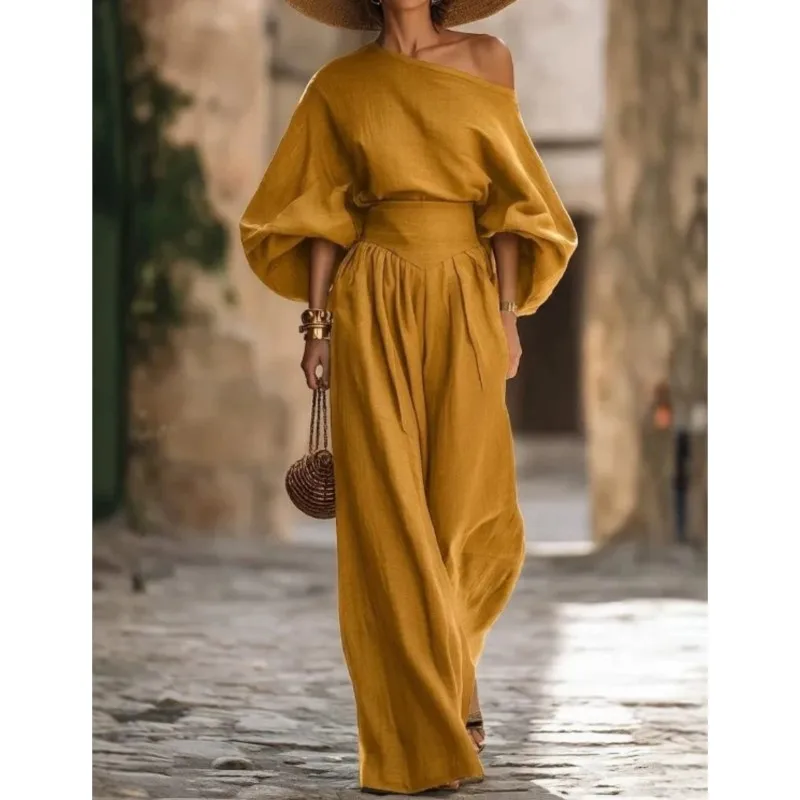 Retro Solid Color Women's Two-piece Set Sexy Slanted Neck Chic Bat Sleeve Top With Wide Leg Pants Suit Ladies Fashion Streetwear