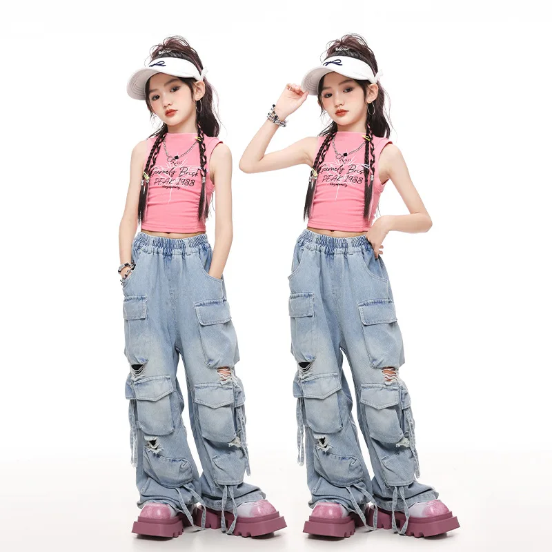 Girls Hip Hop Pink Vest Street Dance Loose Ripped Jeans Teenagers Streetwear Kids Jazz Denim Cargo Pants Children Clothes Sets