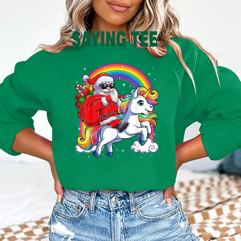 Christmas Santa Riding Unicorn Sweatshirt Xmas Men Women Rainbow Long Sleeve Pullower T-Shirt Humor Funny Cute Cotton Sweatshirt