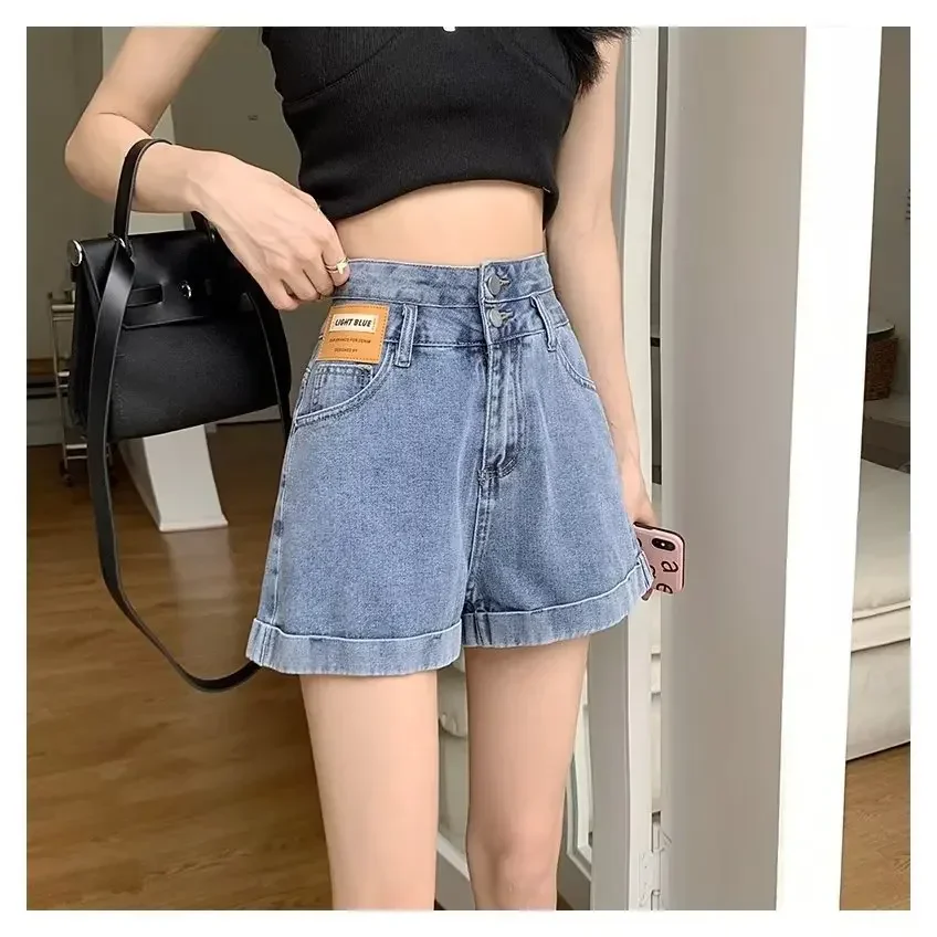 2023 verão azul denim shorts para mulheres moda coreana shorts de cintura alta feminino all-match casual solto calças de brim curtas mulher