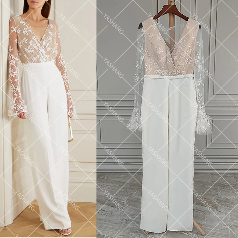 Customized Lace Bridal Jumpsuit Ruched V Neck Straight Fit Simple Maxi Backless Trousers Wide Legs Crepe Real Photo Wedding Pant