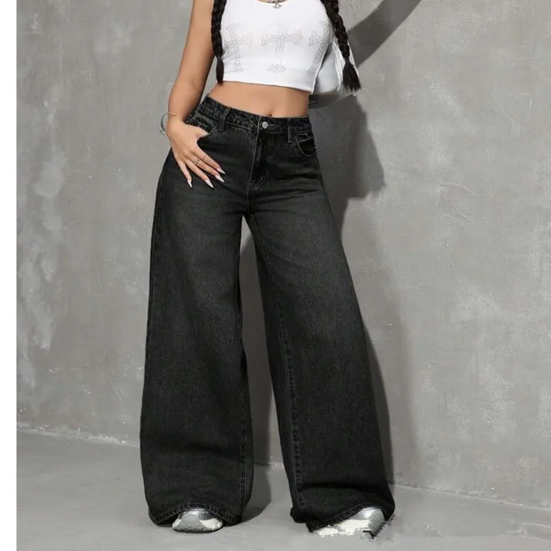 OIQERE 2026 New Women Solid Black Barrel Jeans Loose Wide Leg Denim Pants Casual Fashion Streetwear Versatile Long Trousers