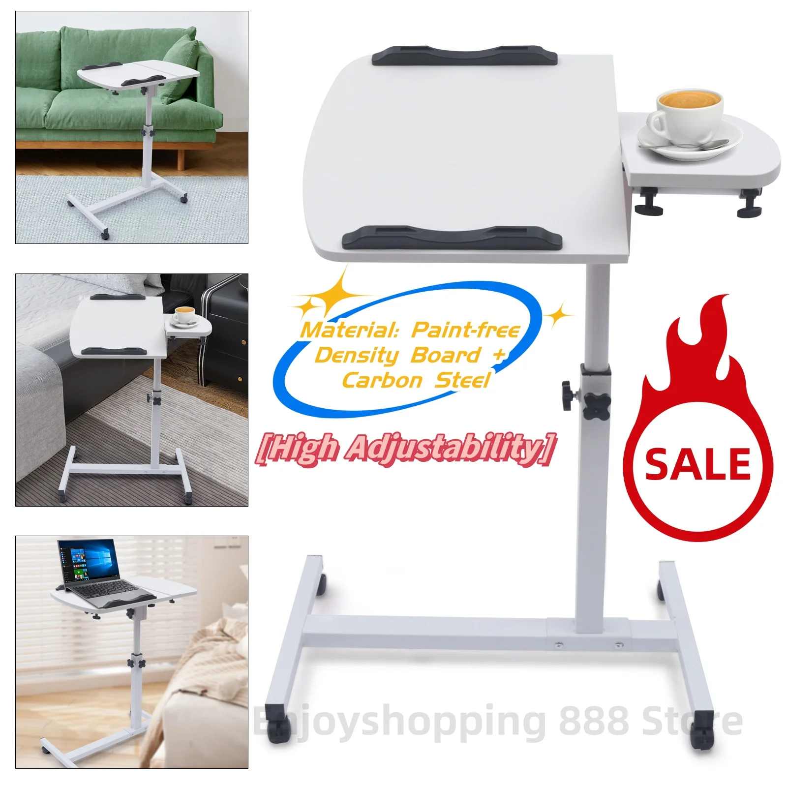 Rolling Laptop Desk Stand Overbed Food Tray Rack Computer Bedside Table  Height Angle Adjustable