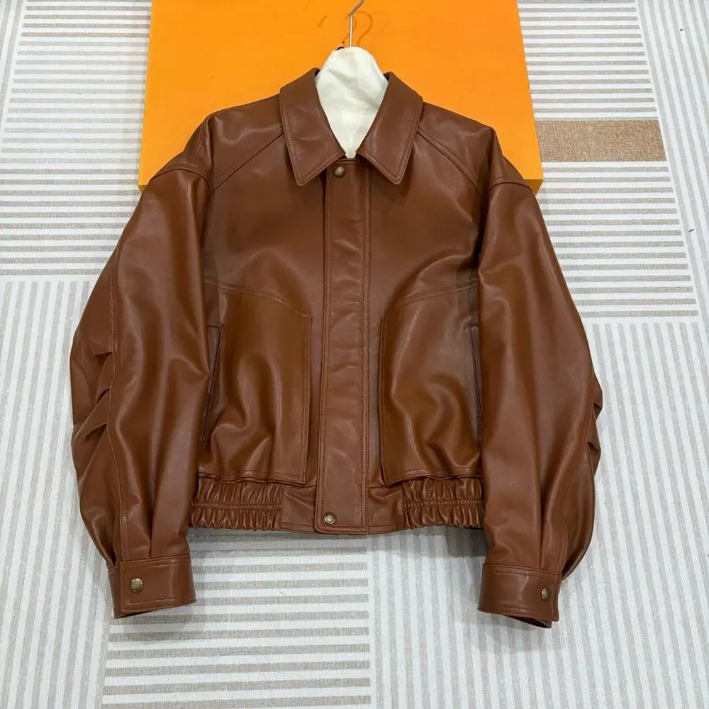 سترات من الجلد الطبيعي 2026 Sping موضة التلبيب سترات نسائية قصيرة عادية براون المستوردة على مستوى جلد الغنم معاطف جلدية فضفاضة #1