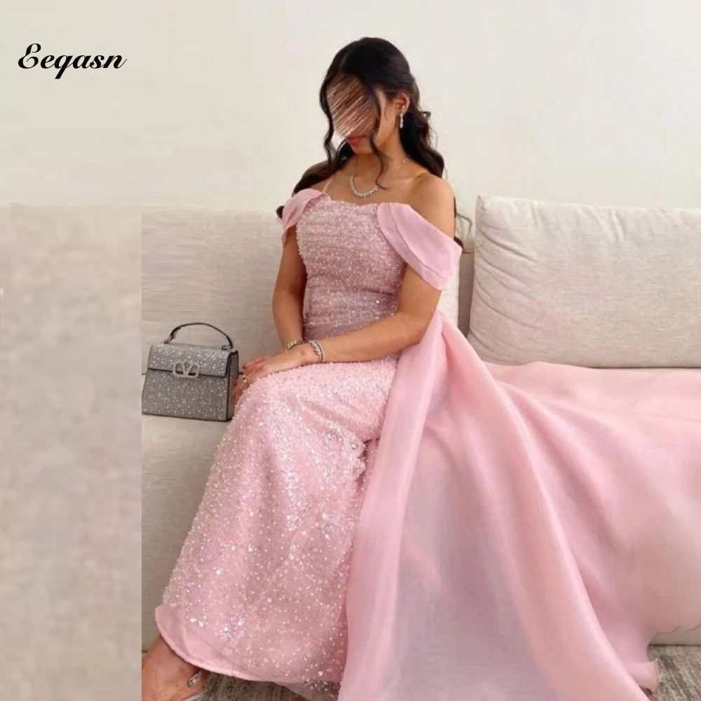 

Sparkly Pink Evening Dresses Off Shoulder Formal Party Gowns for Women Ankle Length Saudi Arabic Organza A-line Prom Dress