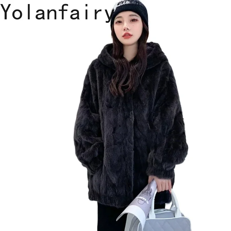 

YOLANFAIRY 100% Mink Real Fur Coat Women Hooded Winter High Quality Pieced Mink Fur Coats Mid-long Elegant Warm Fur Jacket 72cm