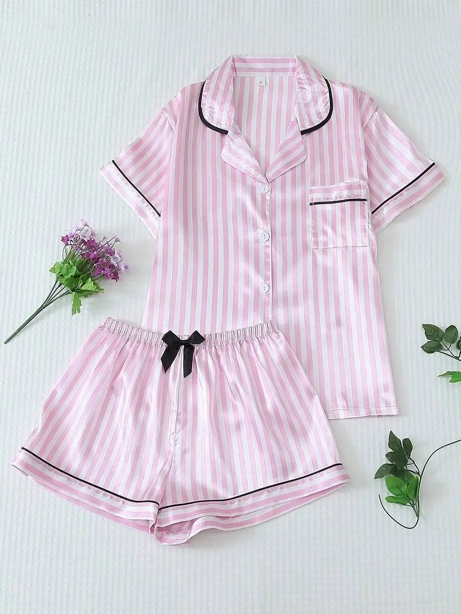 Pink Striped Satin Short Sleeve Pajama Set With Collar And Bowknot Shorts