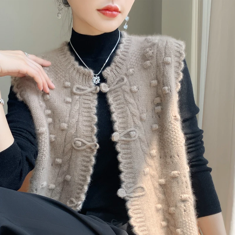 

Новый женский вязаный жилет в китайском стиле с круглым вырезом, универсальный, модный, брендовый, на пуговицах, теплый, цветной