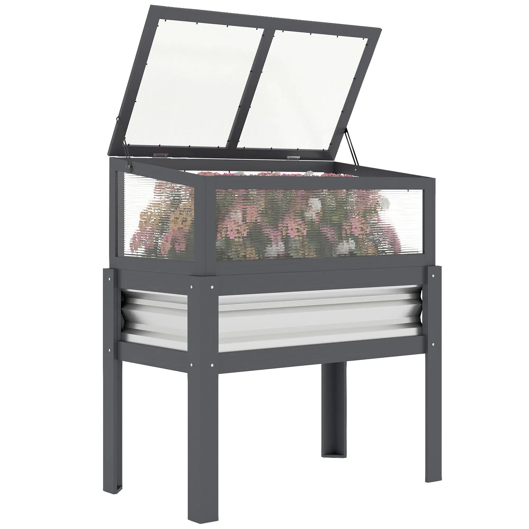 Wooden Raised Garden Bed with Flip-Up Greenhouse Top, Gray