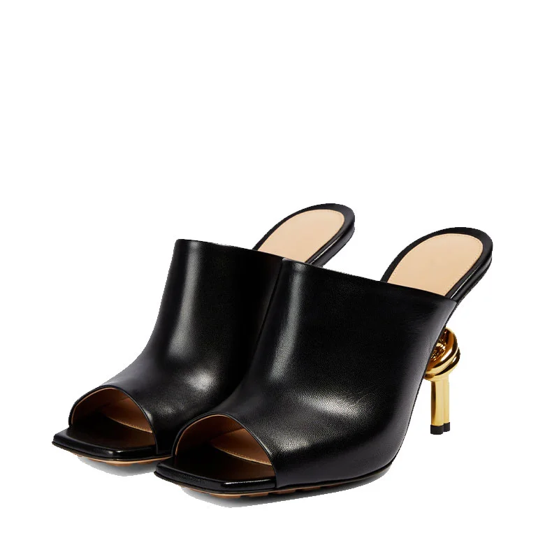 Sexy Leather Summer Sandals for Women - Square Toe Open Slippers with Metal Twisted Stiletto Heel & Runway Platform Fashion