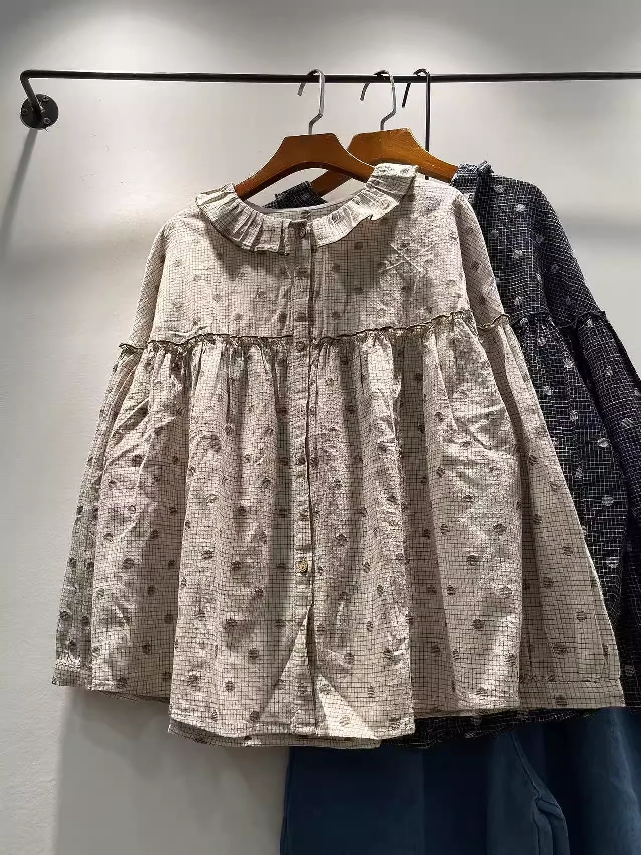 

Enianechu Mori Kei Clothing 100% Cotton Polka Dot Print Shirts and Blouses for Women Autumn Loose Long Sleeve Tops