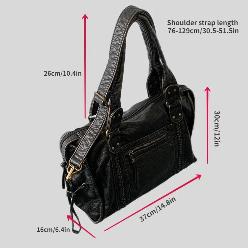 Y2K Spicy Girl One Shoulder Crossbody Bag Vintage Washed Leather Motorcycle Bag Large Capacity Bag