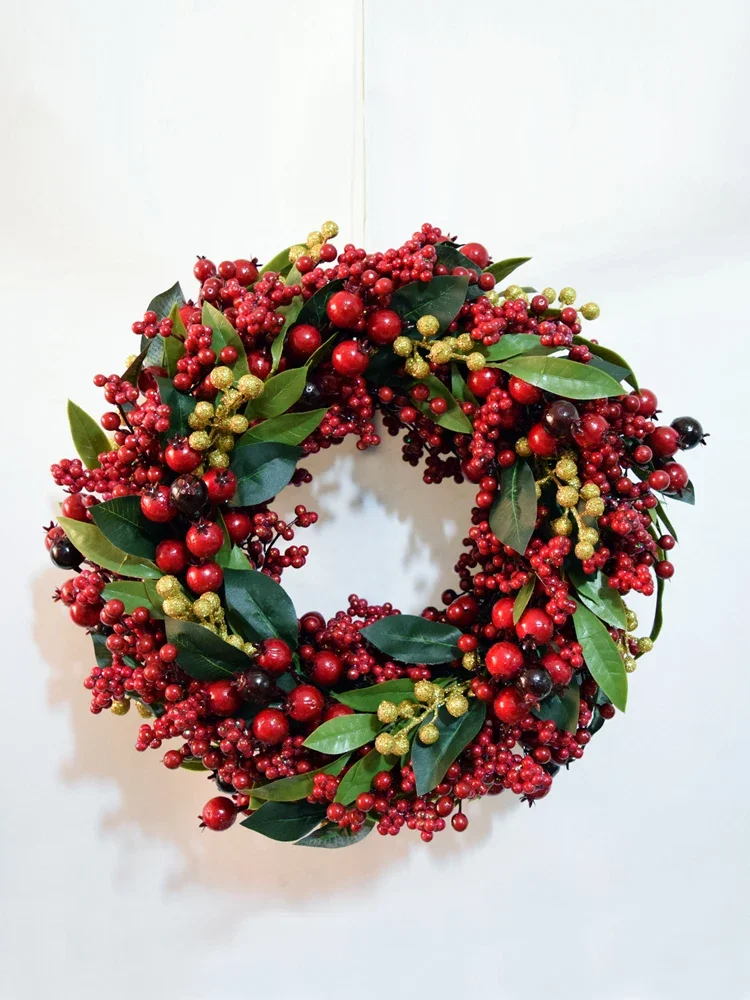 

Simulation wreath decoration Christmas party pendant handmade red berry green leaf steel ring large wreath opening door decorat