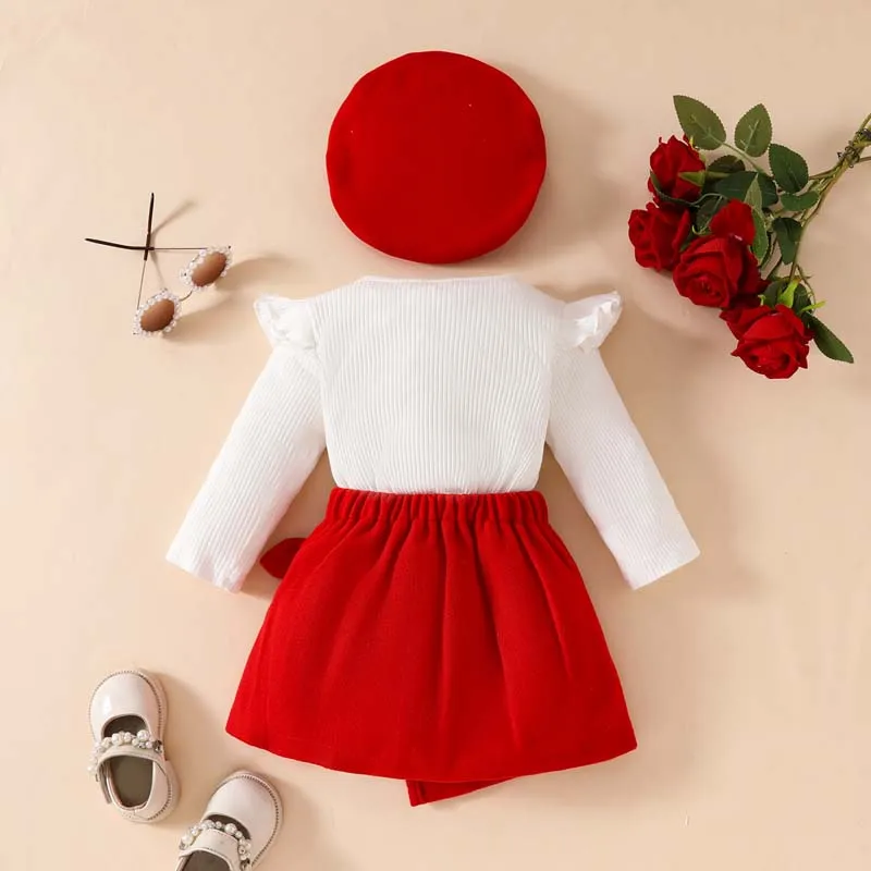 Baby Girl Clothes Autumn 3-Piece Set Pit Stripe Long Sleeve Bow Tee Red Skirt Hat Suits Toddler Girls Outfits 1-3 Years