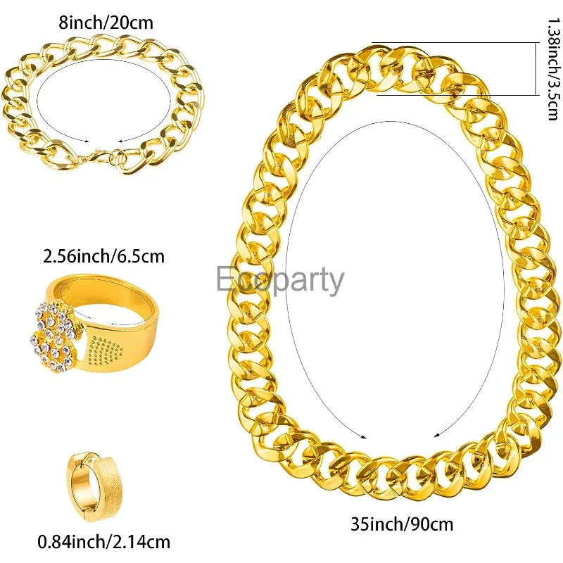 80s 90s Hip Hop Costume Accessories Set for Men Vintage Rapper Cosplay Gold Metal Chain Dollar Ring Bracelet Sunglasses Cap Suit