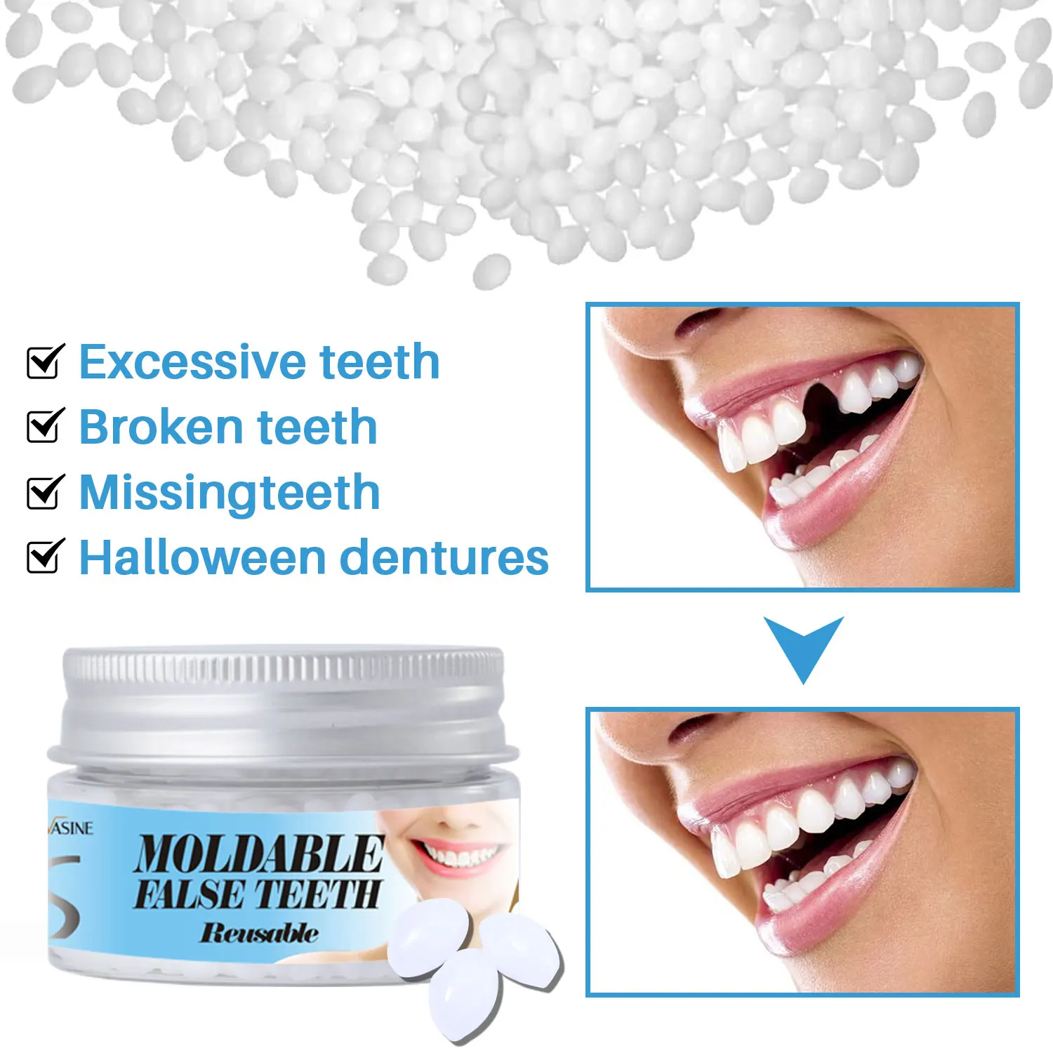 Moldable False Teeth DIY Teeth Non-Toxic Reusable Fake Teeth for Broken Teeth Missing Teeth Halloween Dentures, 30g