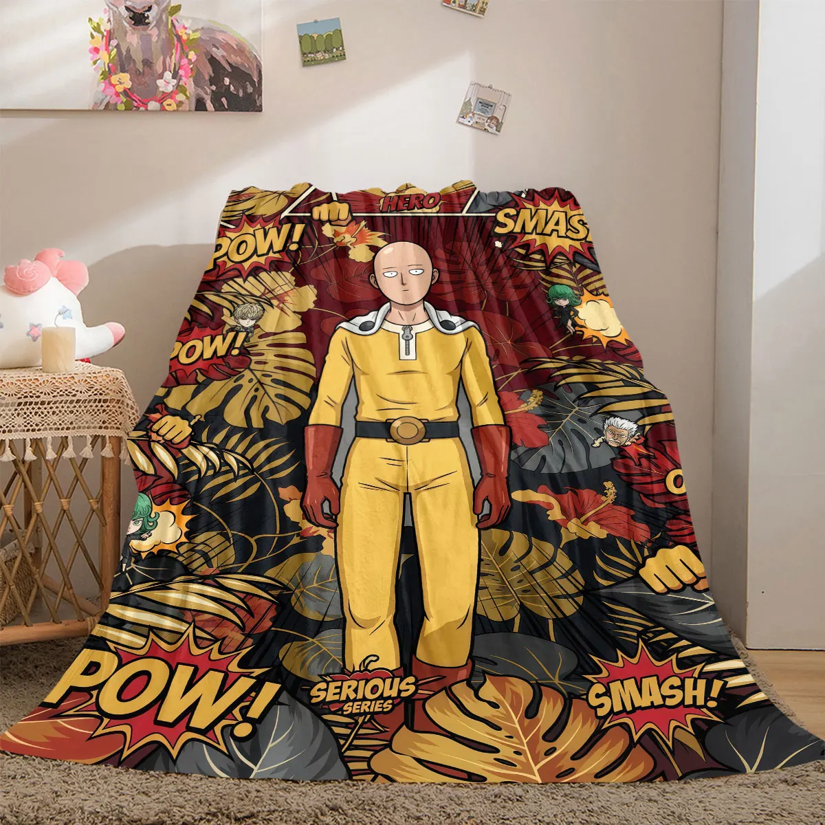 One Punch Man bedruckte Flanelldecke, Cartoon-Charakter-Überwurf für Sofa und Bett, vielseitige Reise-Picknickdecke_LIAN