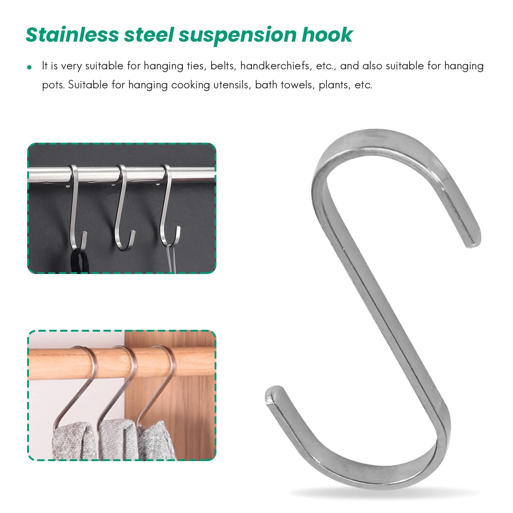 Set of 10 S Stainless Steel Suspension Hooks for Kitchen Cookware or Butcher Meat TQ