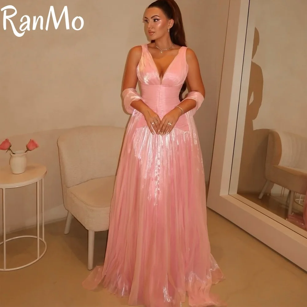 

Ranmo Pink Deep V Neck Evening Dresses Long A Line Cap Sleeves Formal Dresses Woman Elegant Dresses For Special Event Customized