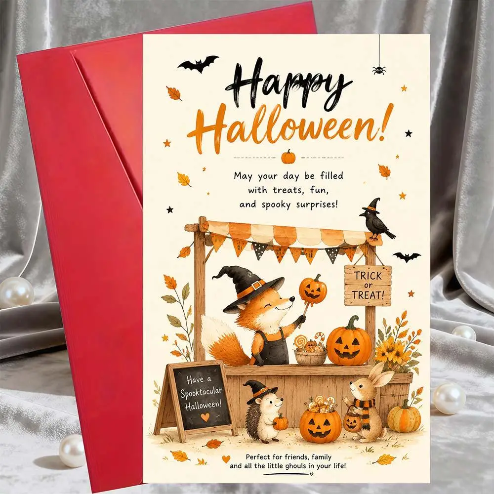 Watercolor Woodland Animal Halloween Greeting Card Cute Fox Hedgehog Rabbit Pumpkin Stall Bat Maple Leaf Kid Friend Holiday Card