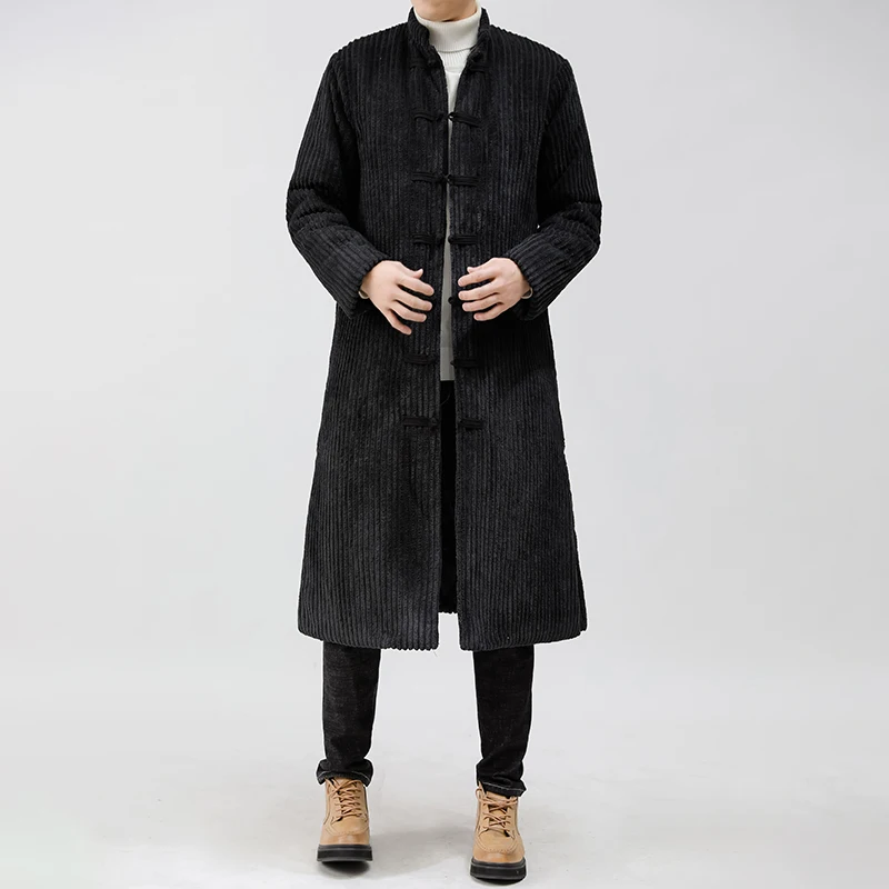 High Quality Hanfu Chinese Style Tang Suit Linen Thick Cotton Coat Winter Chinos Clothes Men Long Black Navy China Jacket Tops