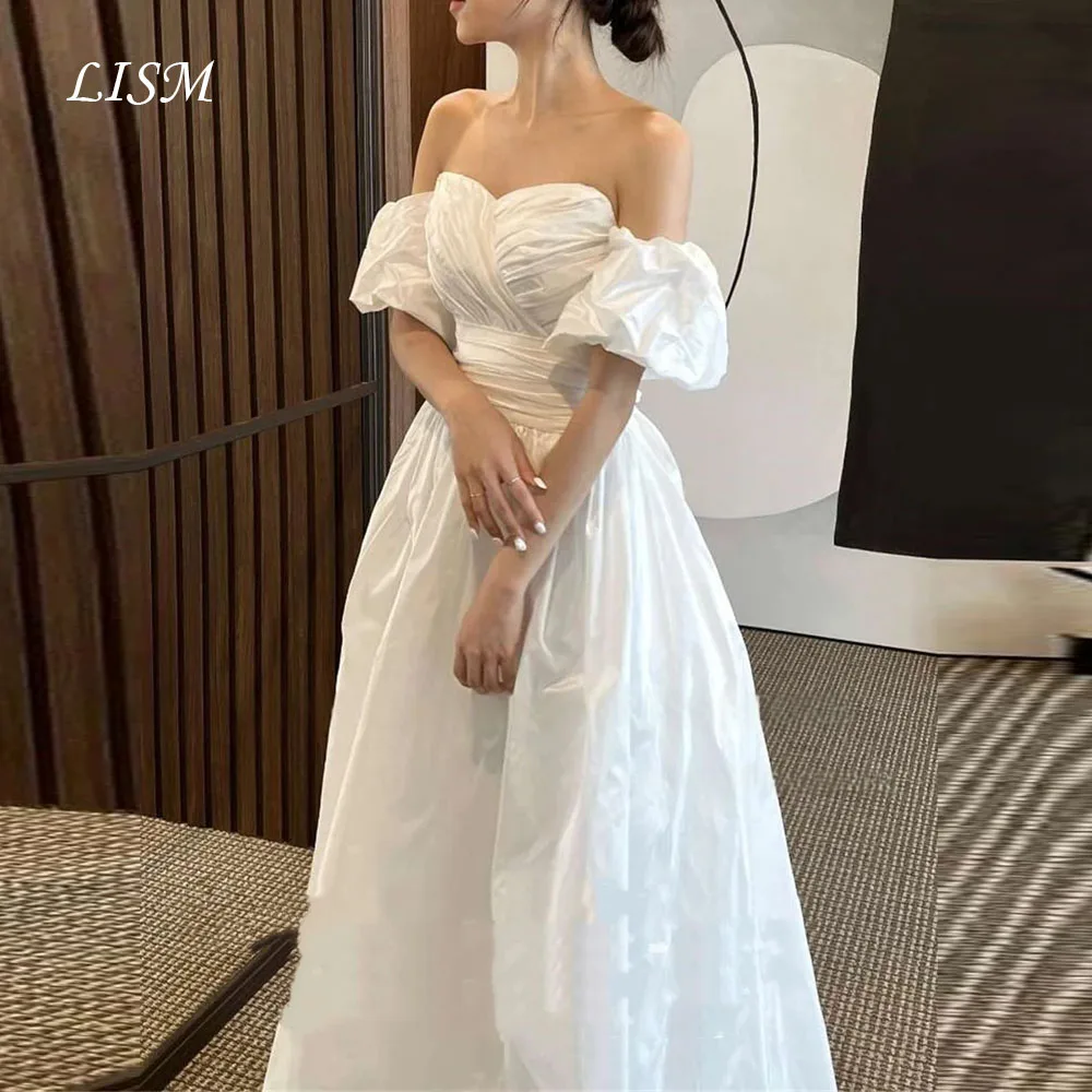 LISM A Line Korea Wedding Dress Sweetheart Customized Taffeta Pleats Corset Back Bridal Gown Short Lantern Sleeve Bride Dresses