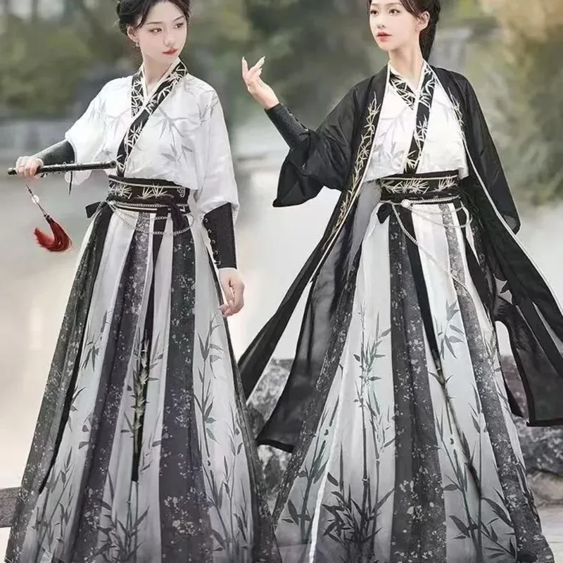 

Ancient Chinese Women Hanfu Costume Lady Oriental Black Bamboo Print Traditional Swordsman Outfit Han Dynasty Cosplay Clothing