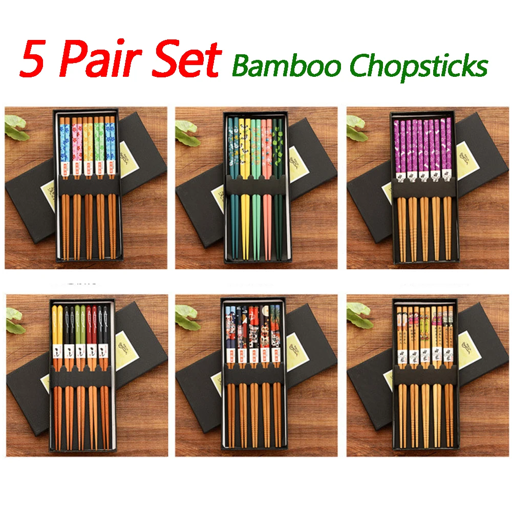 5 Pair Set Bamboo Chopsticks Tableware Non-Slip Japanese Natural Wood Sushi Food Multi Color Household Long Chopsticks Set