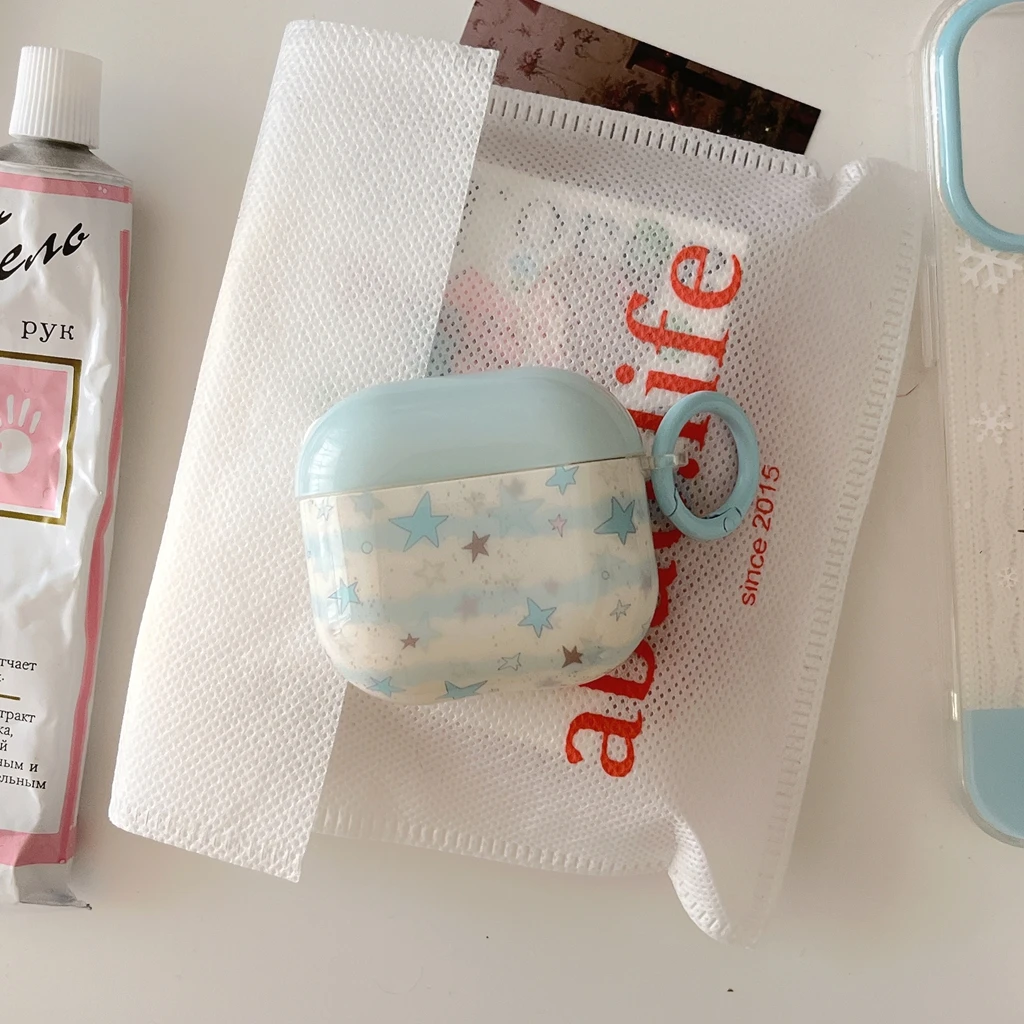 Korean Style Blue Star Cute Transparent Love Pendant Earphone Case Cover for AirPods 1 or 2 3 4 Pro 2 Pro 3