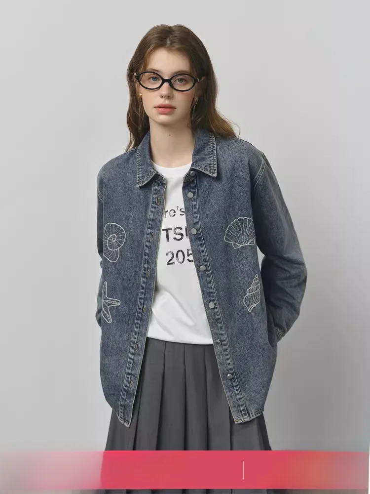 

Fashionable Versatile Women's Embroidered Mother-of-Pearl Denim Shirt Fall New Style 3299 Casual Comfortable Cotton Blend