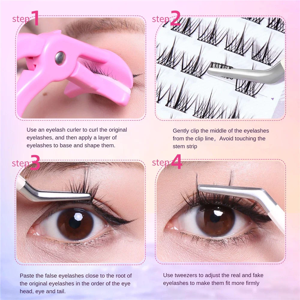 10 Reihen mit großer Kapazität, kleberfreie falsche Wimpern, Einzelcluster, 10–12 mm, gekräuselt, natürliche, selbstklebende falsche Wimpern – Detail 3