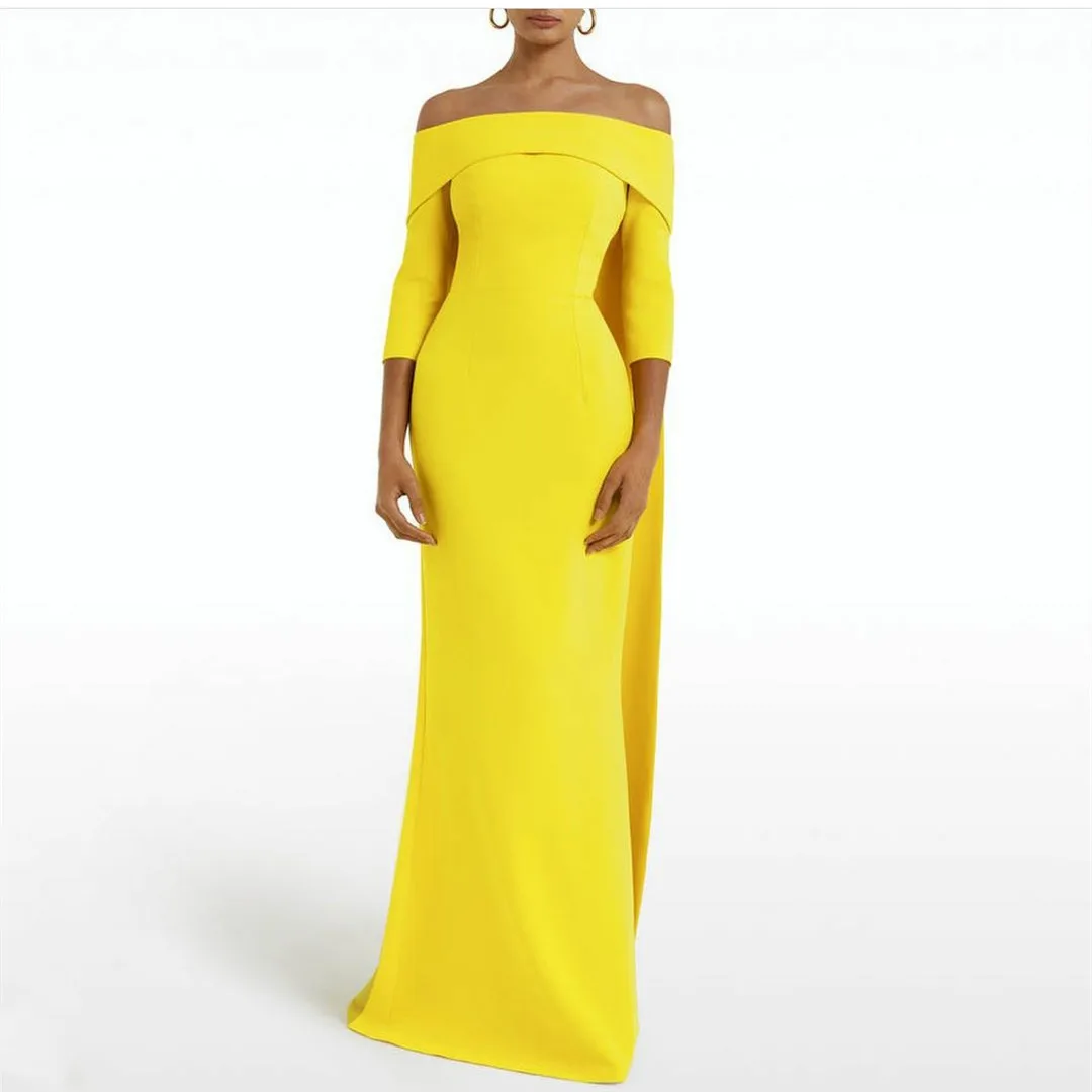 

Classy Long Yellow Crepe Evening Dresses with Ribbons فساتين سهرة Mermaid Boat Neck Floor Length Prom Dress for Women