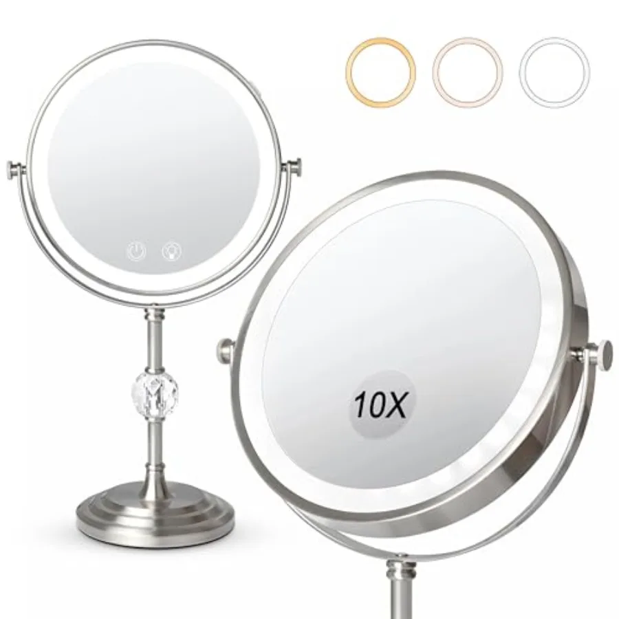 

Lighted Makeup Mirror4000mAh Rechargeable Double Sided Magnifying Mirror 1x/10x with 3 ColorsStepless Dimming 360° Rotation Van