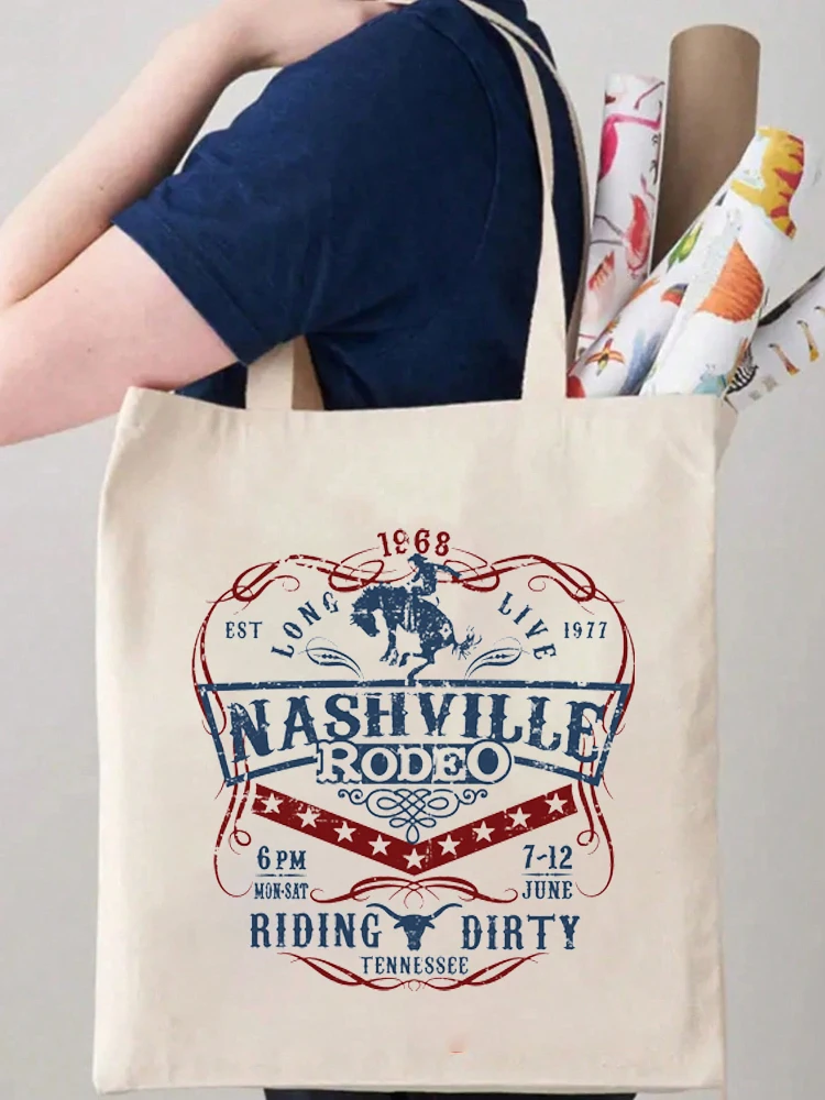 1pc Ladies Beige Printed Canvas Tote Bag For Shopping Vintage Nashville Tote Bag Funny Trendy Shoulder Bag Cute Shupper Bag