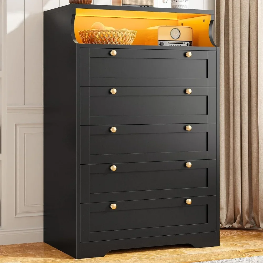 Dresser with LED, Bedroom Dressers & Chests of Drawers, Tall Dresser Wood Drawers, Black Dresser for Bedroom