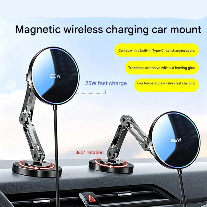 

25W Wireless Vehicle Phone Mount With Foldable Arm, Ball Joint Control, Adhesive Base and In-Car Charging D2RC