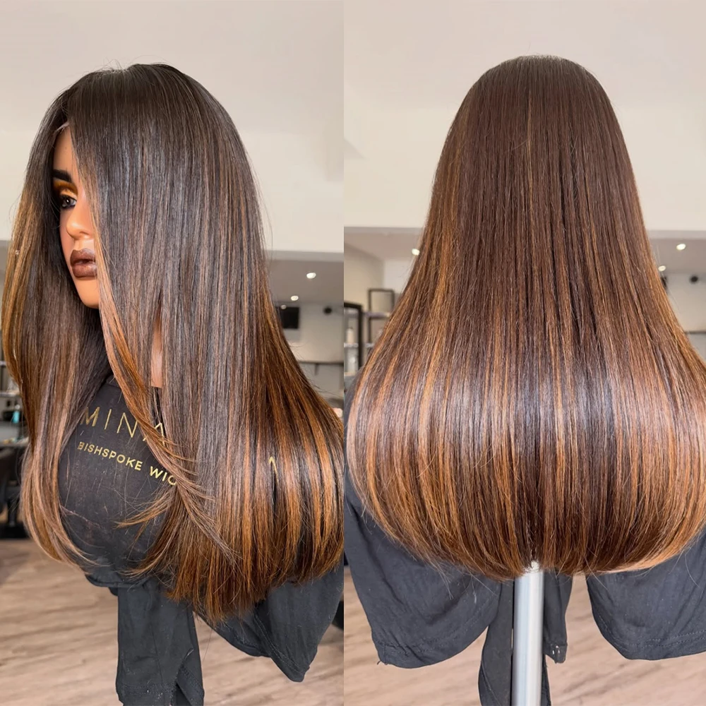 Layered Cut Straight Lace Wigs Preplucked Wear Go Glueless 13X4 Lace Front Wigs for Women Brown Highlights Synthetic Hair Wig