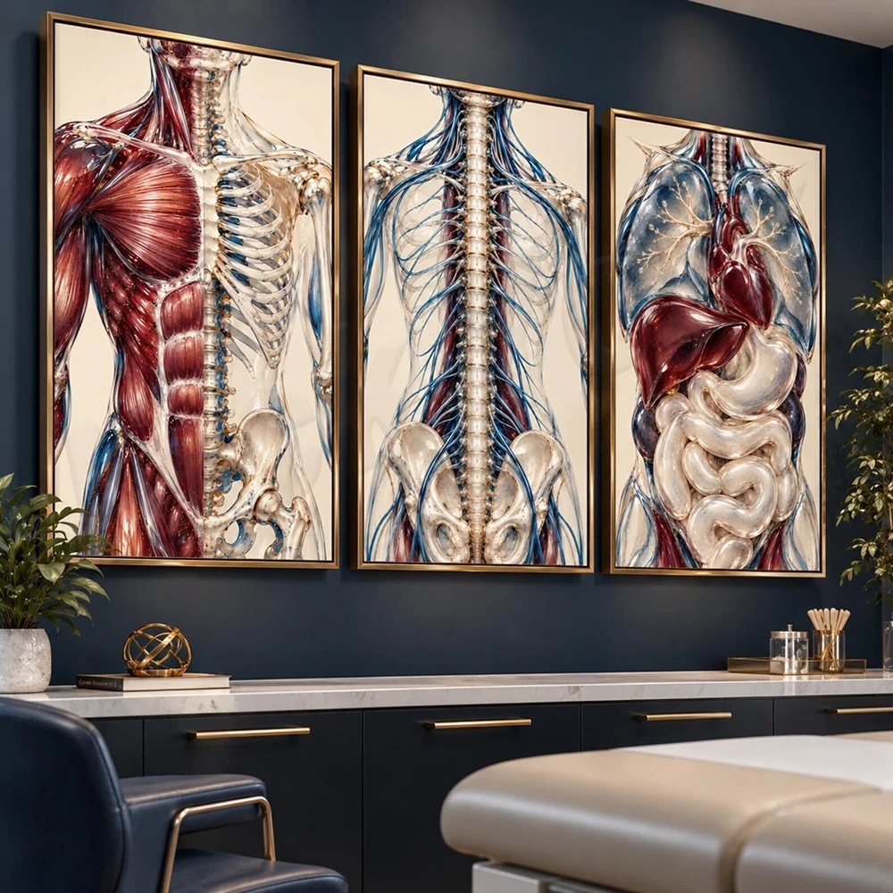 Cherry blossom anatomical art of the torso, featuring the nervous system and internal organs; a decorative medical poster.