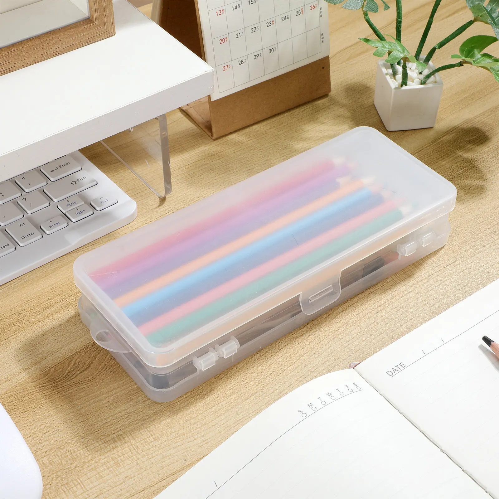 Double Layer Transparent Pencil Case Large Capacity Snap-Lock Lid Office School Supply Organizer Pencil Box Organizer