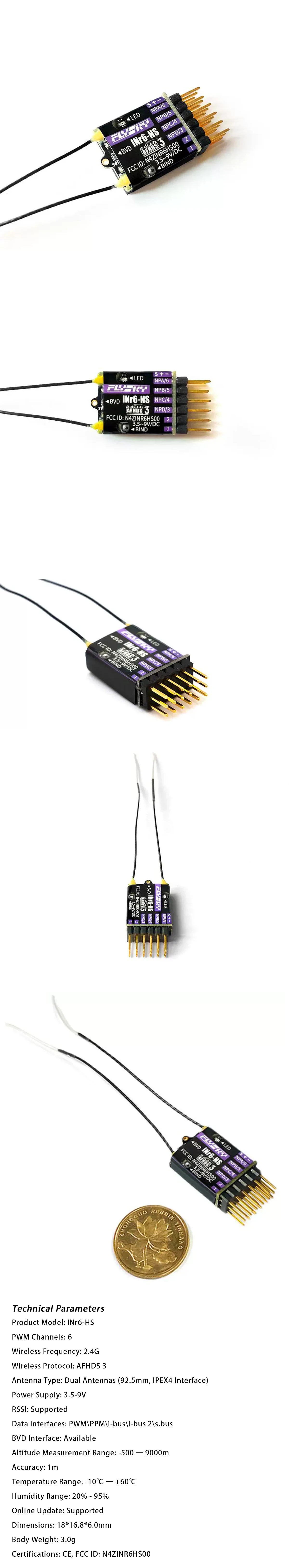 DPFLYSKY Fusi INR6-HS 2.4GHz AFHDS 3 Dual Antennas PWM PPM I-bus S.bus Mini Receivers for Remote Control Car  Drone Car Model