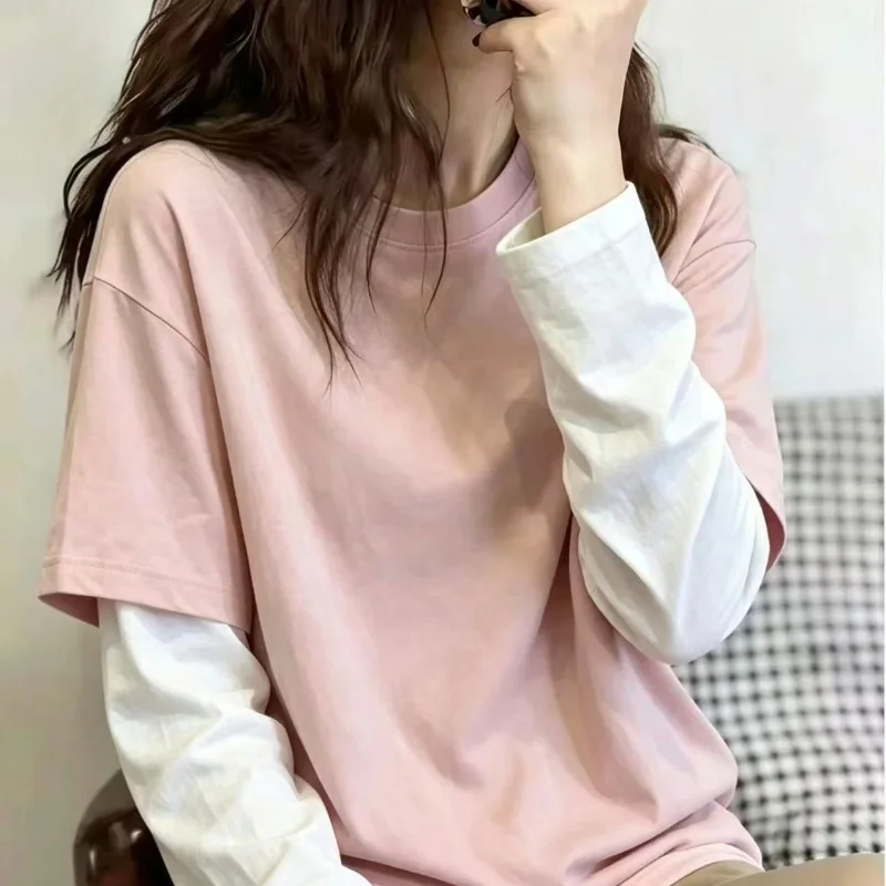 Pink Loose Oversized T Shirt with Long Sleeve Layering Look Casual Women Top Spring Summer Daily Wear Basic Tee