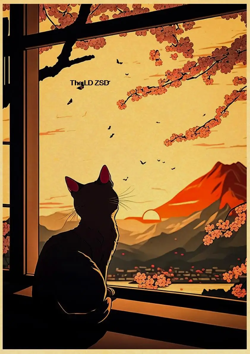 New Anime Cat Cherry Blossom Japan Posters Aesthetic Vintage Kids Room Gift Decoration Living Room Art Poster Bedroom Painting
